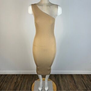 Elegant One-Shoulder Ribbed Dress in Beige XS